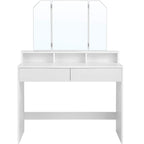 VASAGLE Masa de toaleta cu oglinda rabatabila si 2 sertare, 3 compartimente deschise, 100x40x142cm, alb