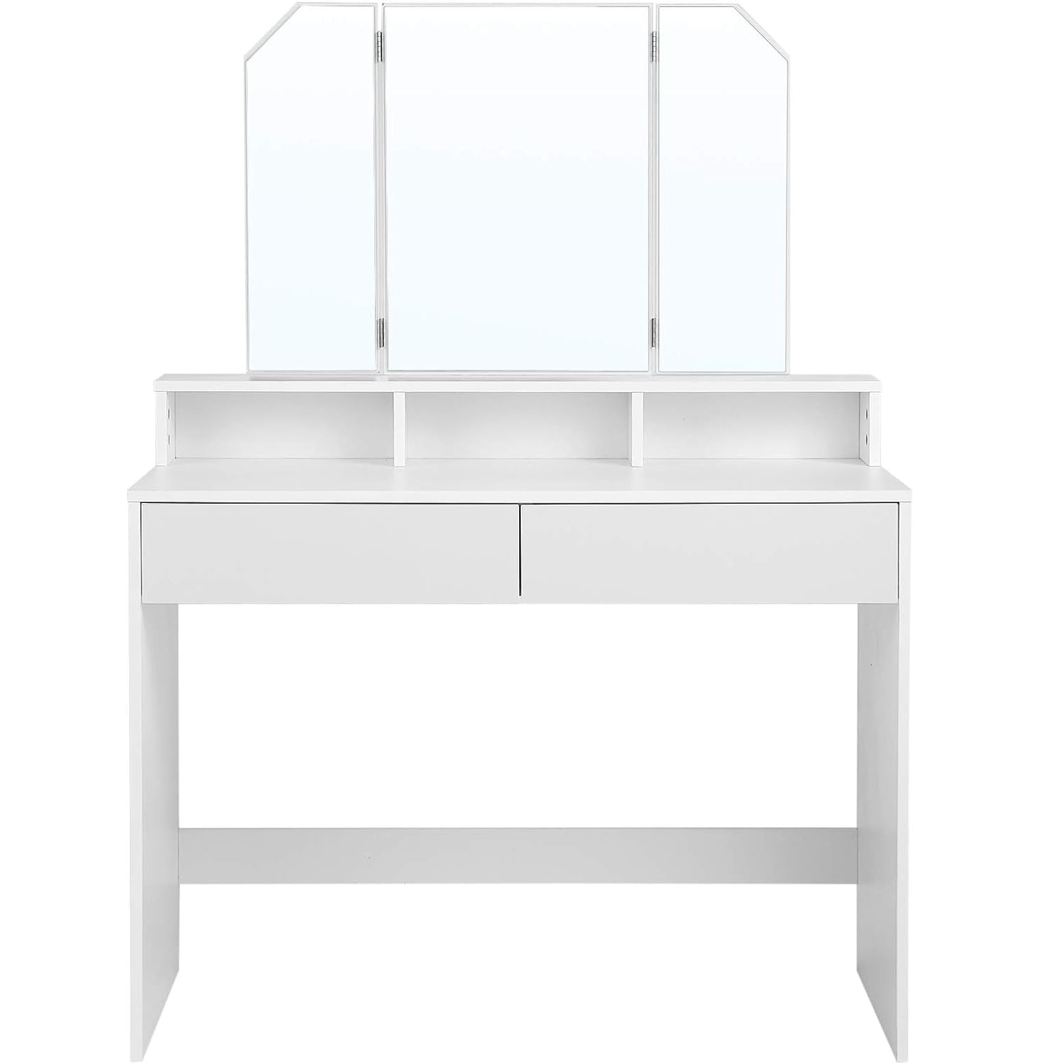 VASAGLE Masa de toaleta cu oglinda rabatabila si 2 sertare, 3 compartimente deschise, 100x40x142cm, alb