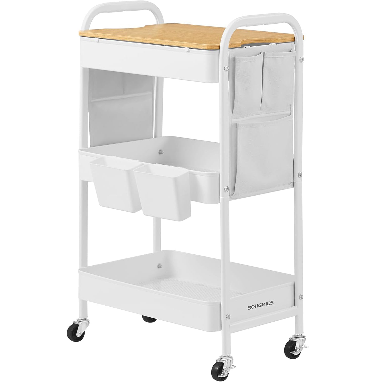 SONGMICS Raft de depozitare mobil tip carucior rulant, pentru baie sau bucatarie, cadru otel cu blat MDF, 31x44x74 cm, alb