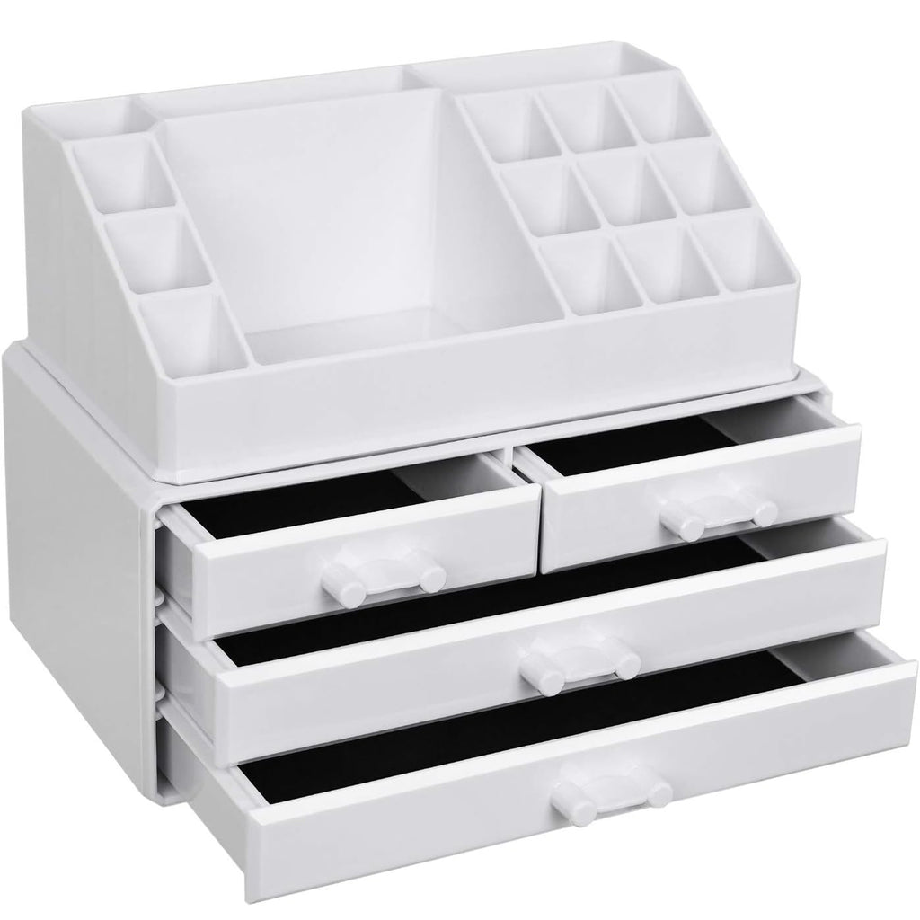 SONGMICS Organizator de cosmetice, cu 4 sertare si 16 compartimente de diferite dimensiuni, 24x14x19cm, alb