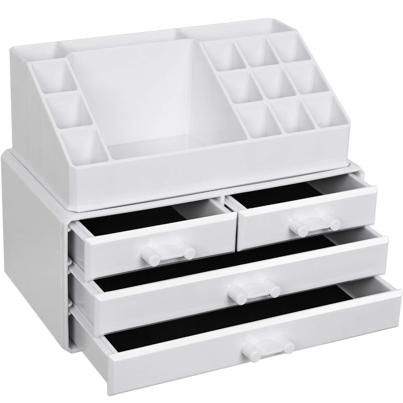 SONGMICS Organizator de cosmetice, cu 4 sertare si 16 compartimente de diferite dimensiuni, 24x14x19cm, alb