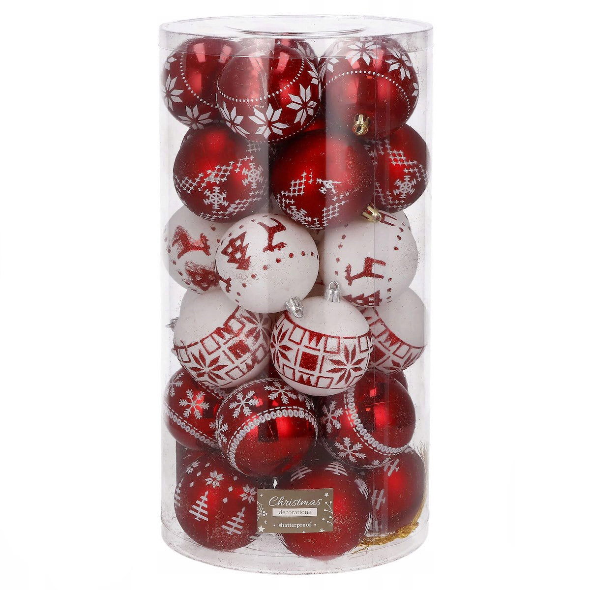 Set globuri de Craciun cu modele de sarbatori, 30 bucati, 7cm, alb rosu