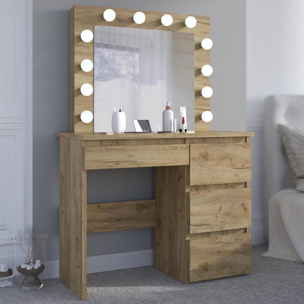 Masa de toaleta si machiaj Hollywood cu oglinda LED si 4 sertare, 94x43x140 cm, craft