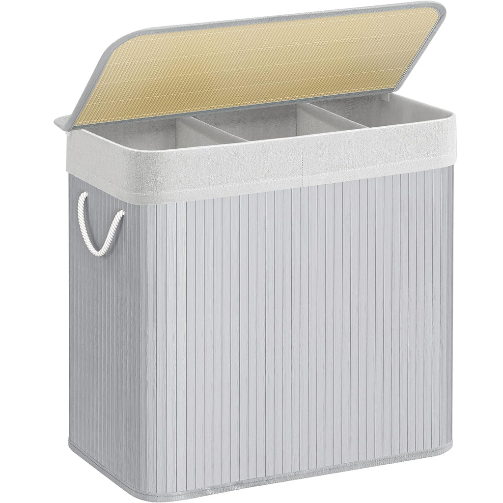 SONGMICS Cos de rufe din bambus, pliabil, cu captuseala detasabila lavabila, 3 compartimente, 150L, 60x40x62cm, gri