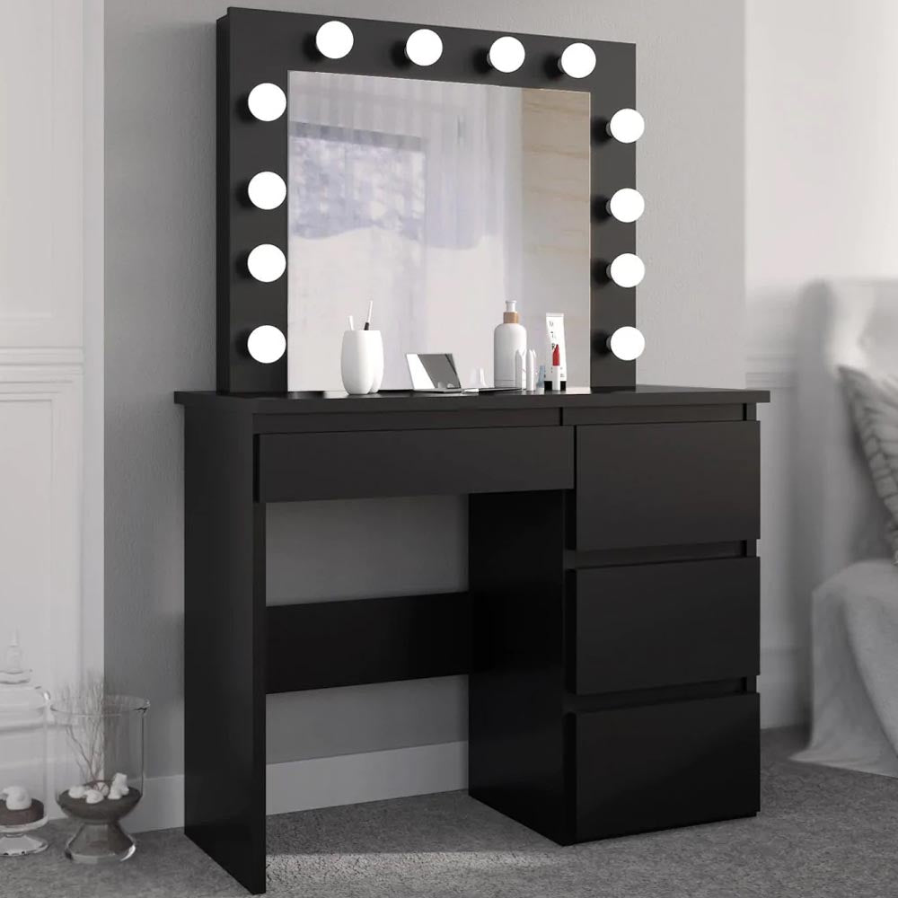 Masa de toaleta si machiaj Hollywood cu oglinda LED si 4 sertare, 94x43x140 cm, negru