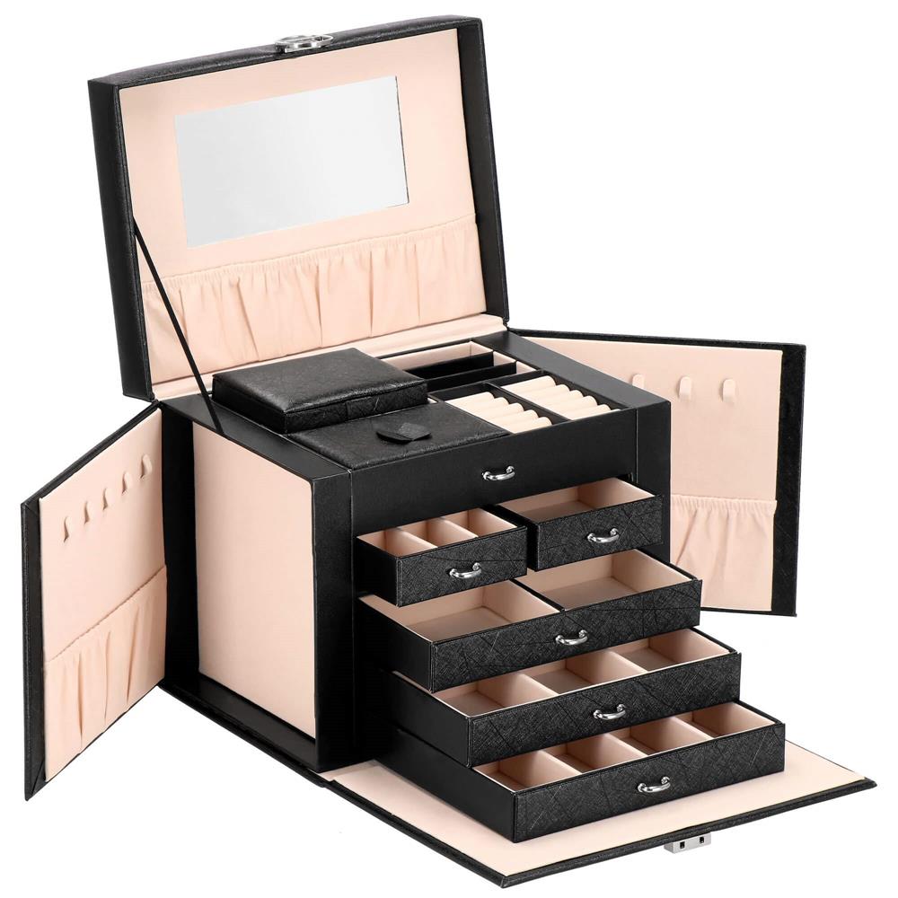 Cutie depozitare si organizare bijuterii, piele ecologica + velur, 26 x 21,5 x 19 cm, negru