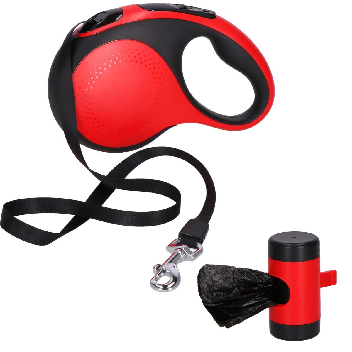 Lesa automata retractabila, pentru rase mari pana la 50kg, 500 cm, suport saci, negru rosu