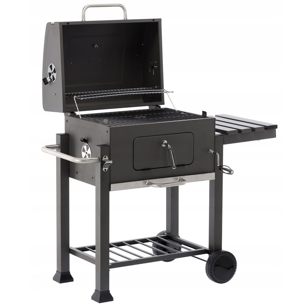 Gratar dreptunghiular pe carbuni, cu suport lateral si termometru capac, 115x60x108cm