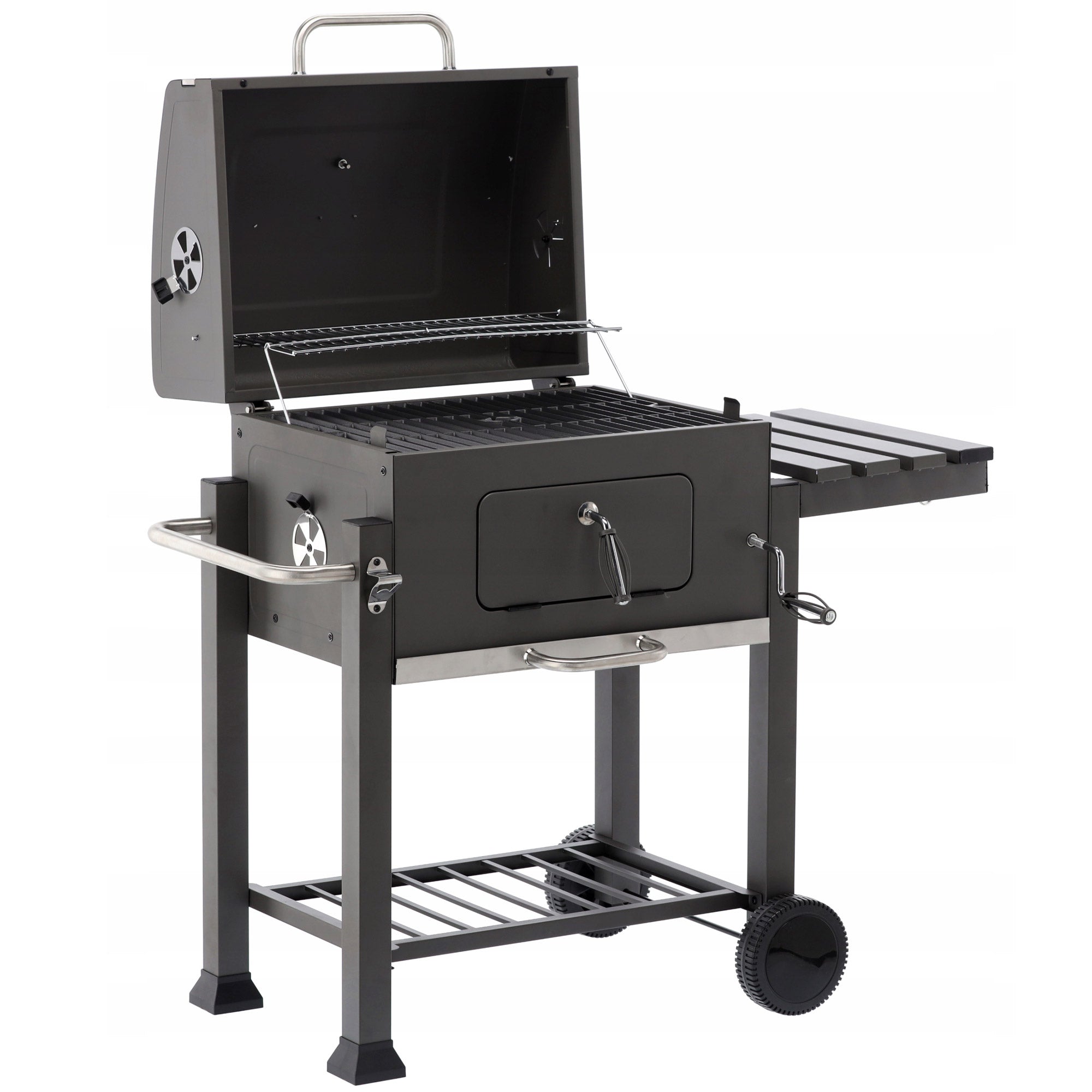 Gratar dreptunghiular pe carbuni, cu suport lateral si termometru capac, 115x60x108cm