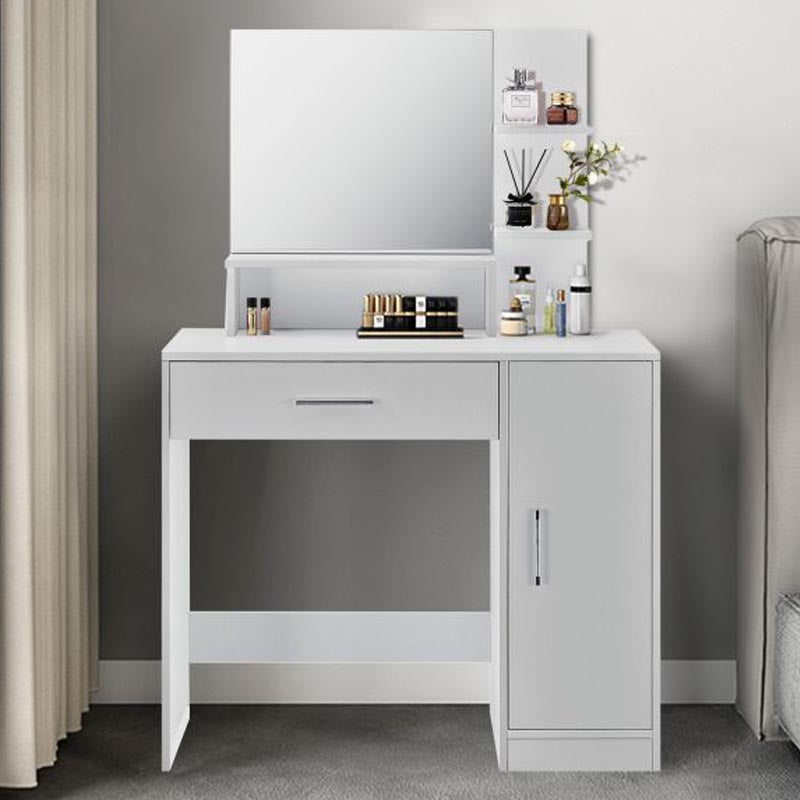Masa de toaleta cu oglinda, sertar, dulap si rafturi, 90x38x138 cm, alb