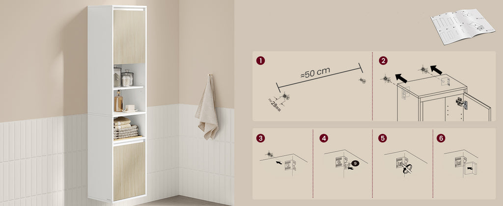 VASAGLE Dulap baie cu montare pe podea sau perete, 7 compartimente, 30x40x160 cm, alb bej