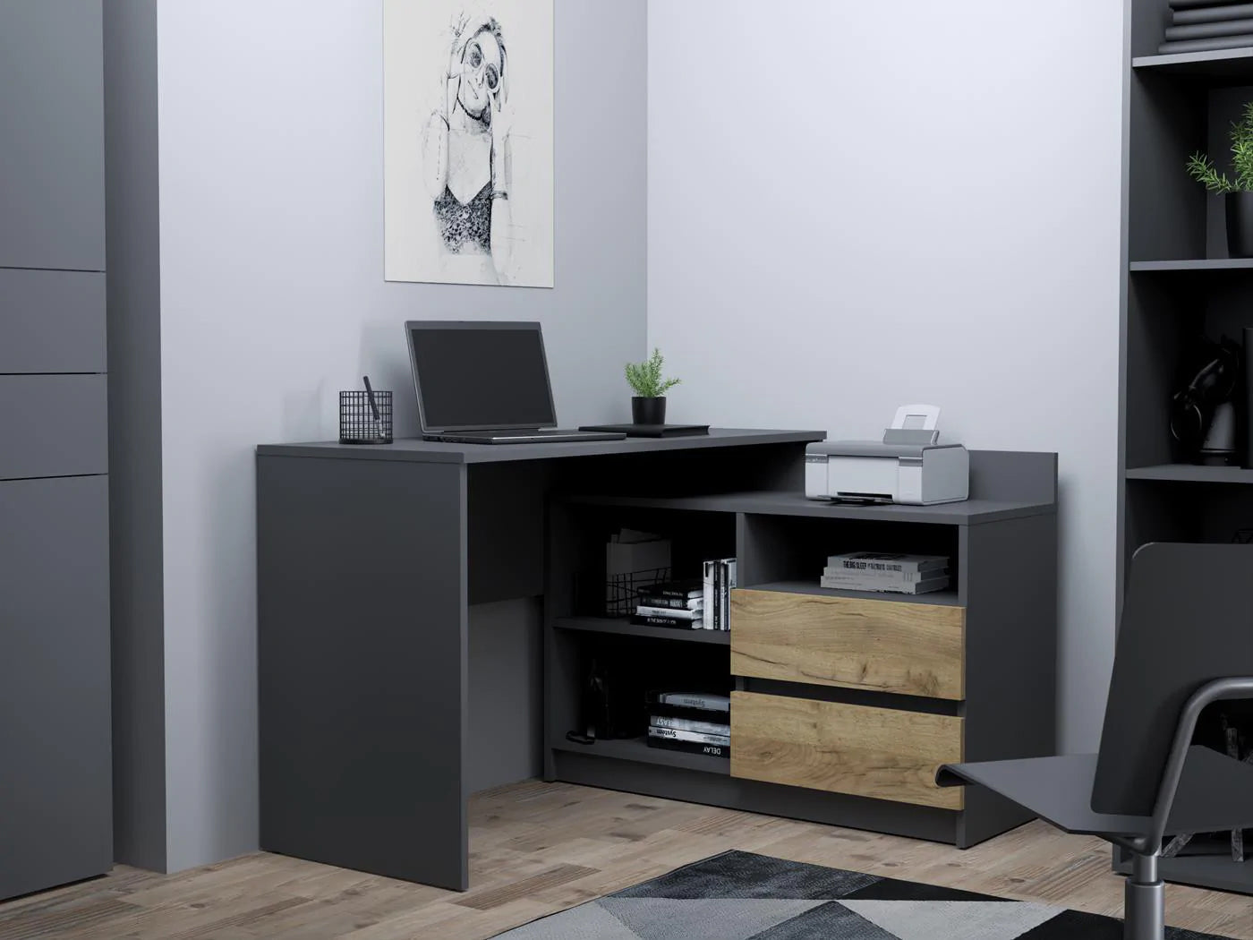 Birou colt Delta 120x50x75 cm cu comoda 100x42x72 cm, 2 sertare, montaj stanga/dreapta, antracit craft