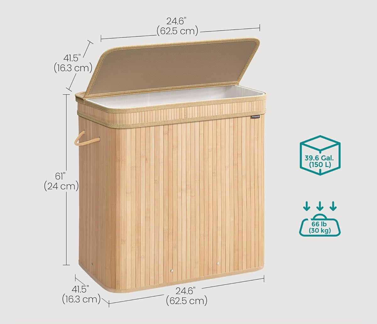 SONGMICS Cos rufe 63x42x61 cm, 150L, pliabil cu capac si sac lavabil, bambus si textil, bej natur