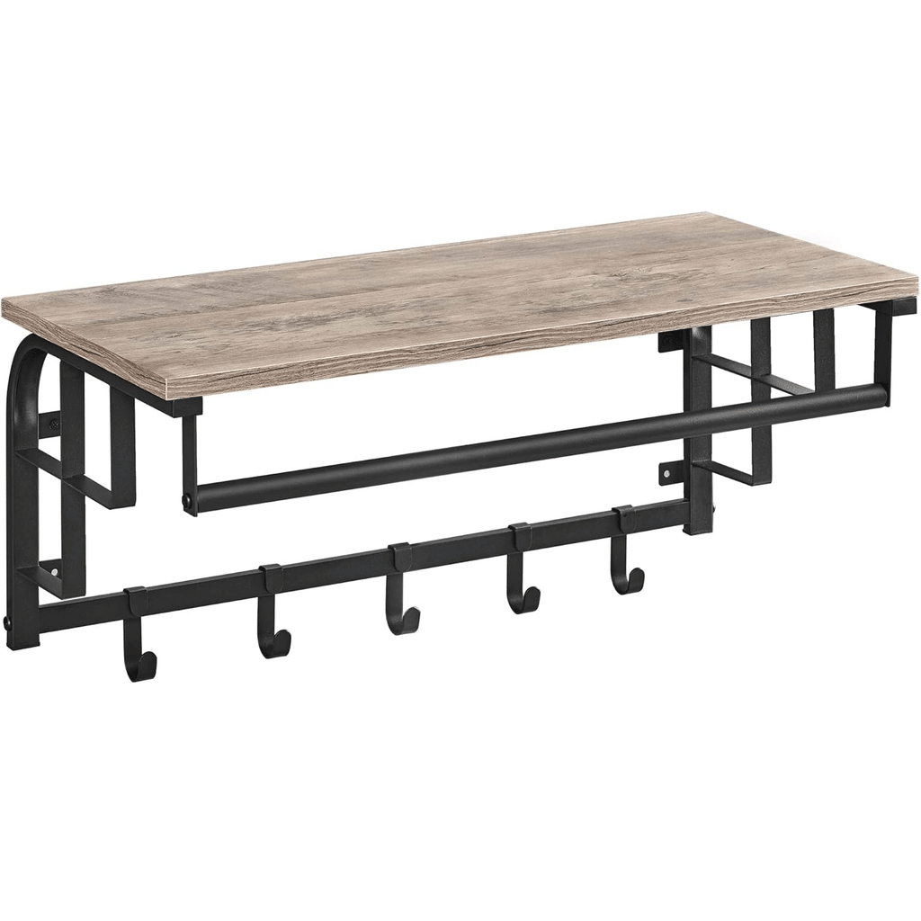 VASAGLE Cuier perete cu polita, bara si 5 carlige, 66x27x30 cm, gri