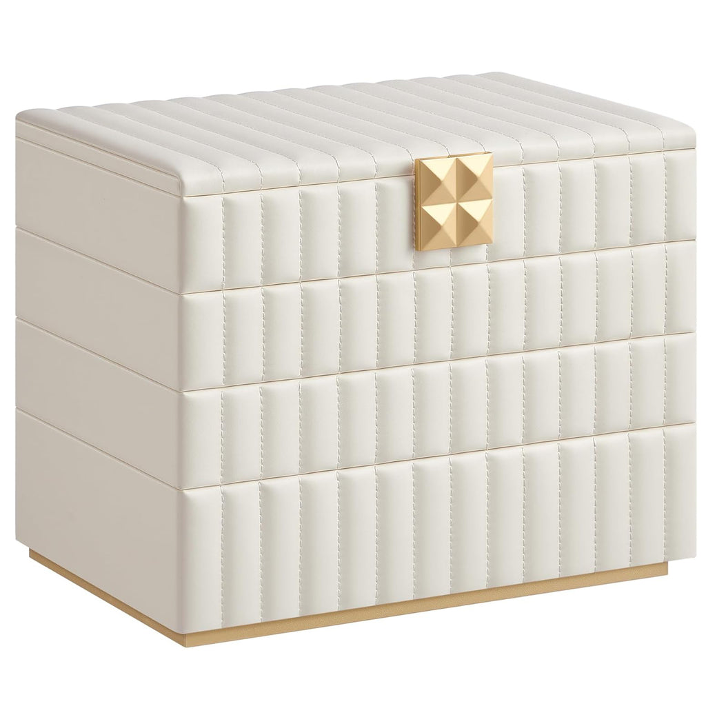 SONGMICS Cutie bijuterii 17x28x21 cm, 4 niveluri, oglinda, captuseala catifea, piele PU alba