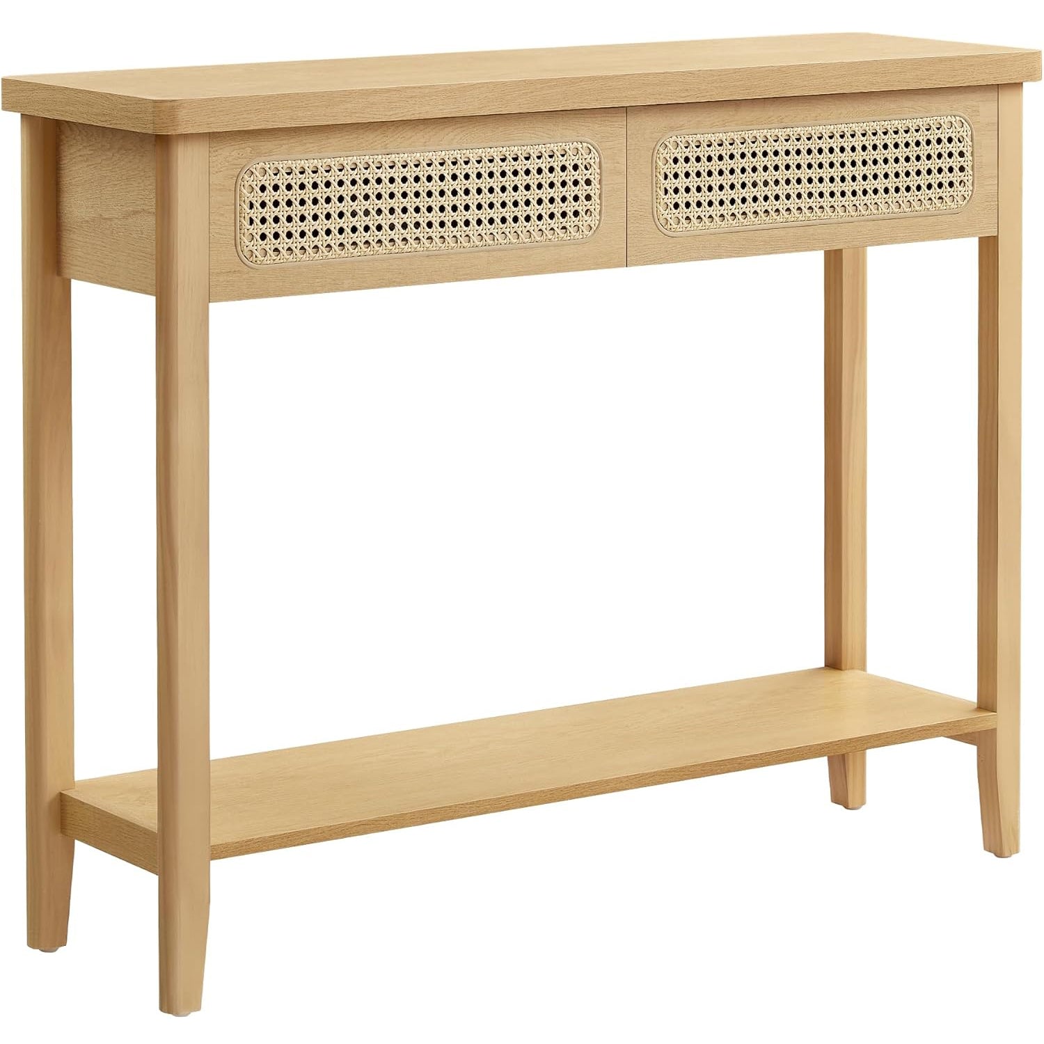 VASAGLE Consola hol 100x30x80 cm, 2 sertare, raft deschis, colturi rotunjite, stil boho, MDF si ratan PVC, bej stejar