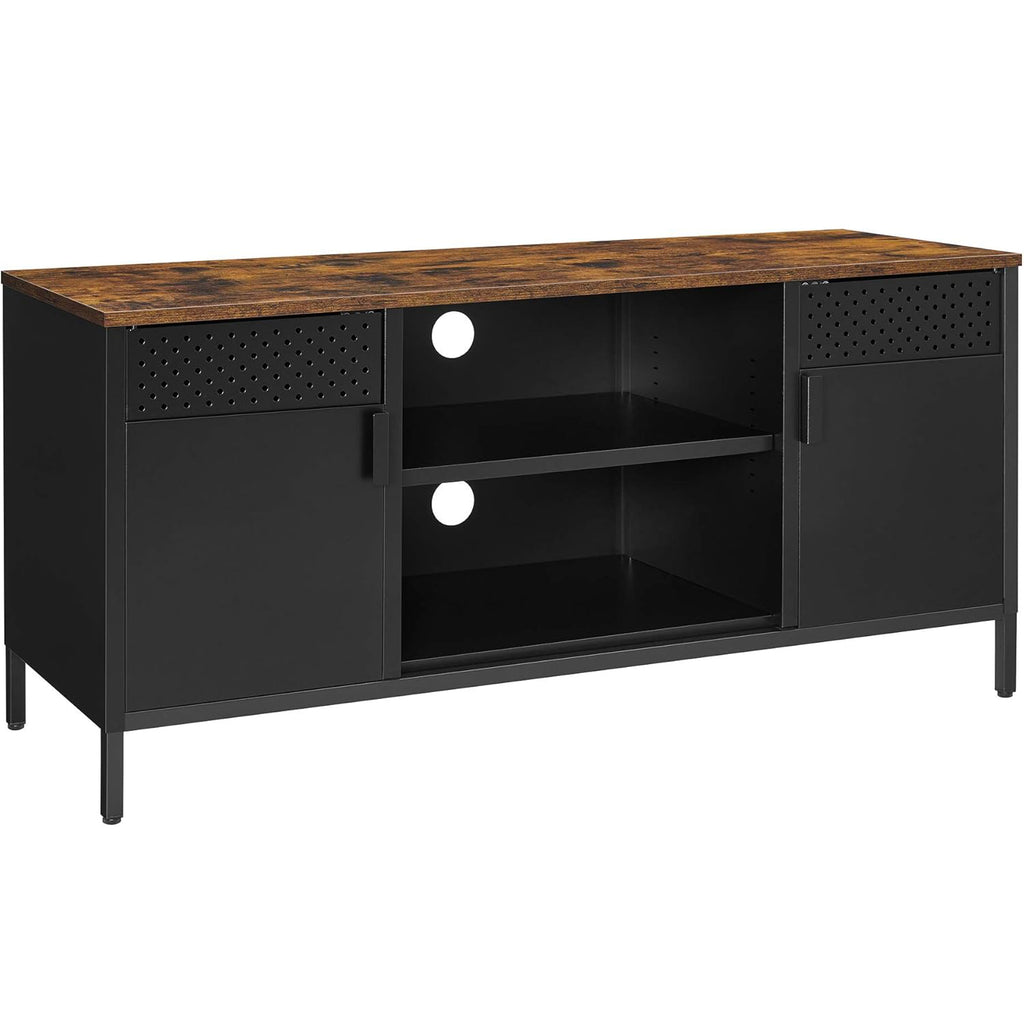 SONGMICS Comoda TV 120x40x55 cm, 3 rafturi reglabile, 2 usi, stil vintage, PAL si otel, maro-negru mat