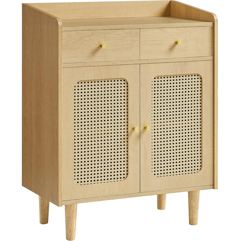 SONGMICS Dulap 70x40x90 cm, cu 2 sertare, raft reglabil si usi duble, MDF si lemn masiv, stil boho, stejar bej