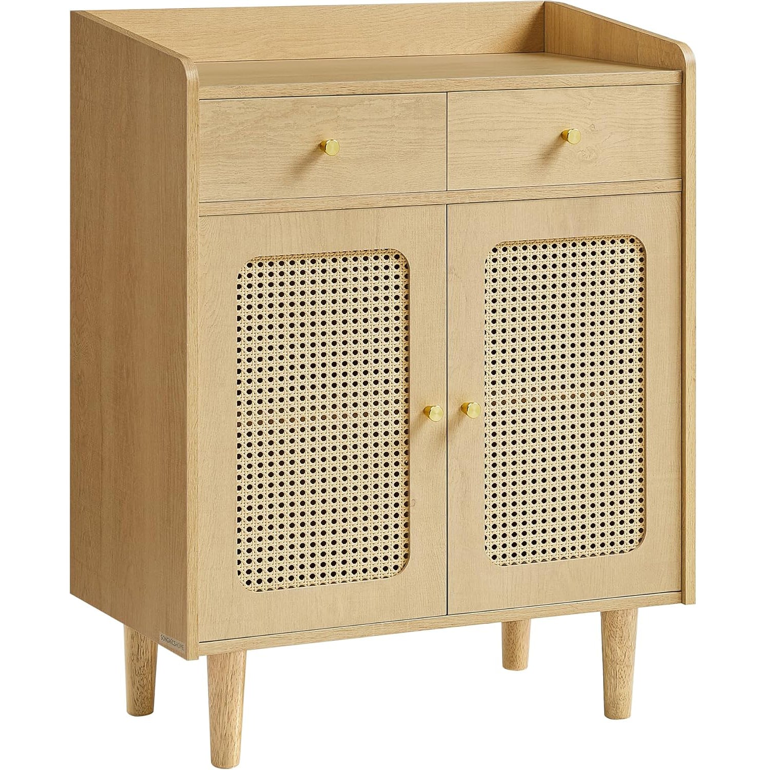 SONGMICS Dulap 70x40x90 cm, cu 2 sertare, raft reglabil si usi duble, MDF si lemn masiv, stil boho, stejar bej