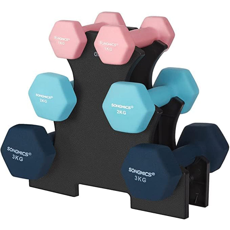 SONGMICS Set de 6 gantere hexagonale cu suport, 2x1 kg 2x2 kg 2x3 kg, multicolor