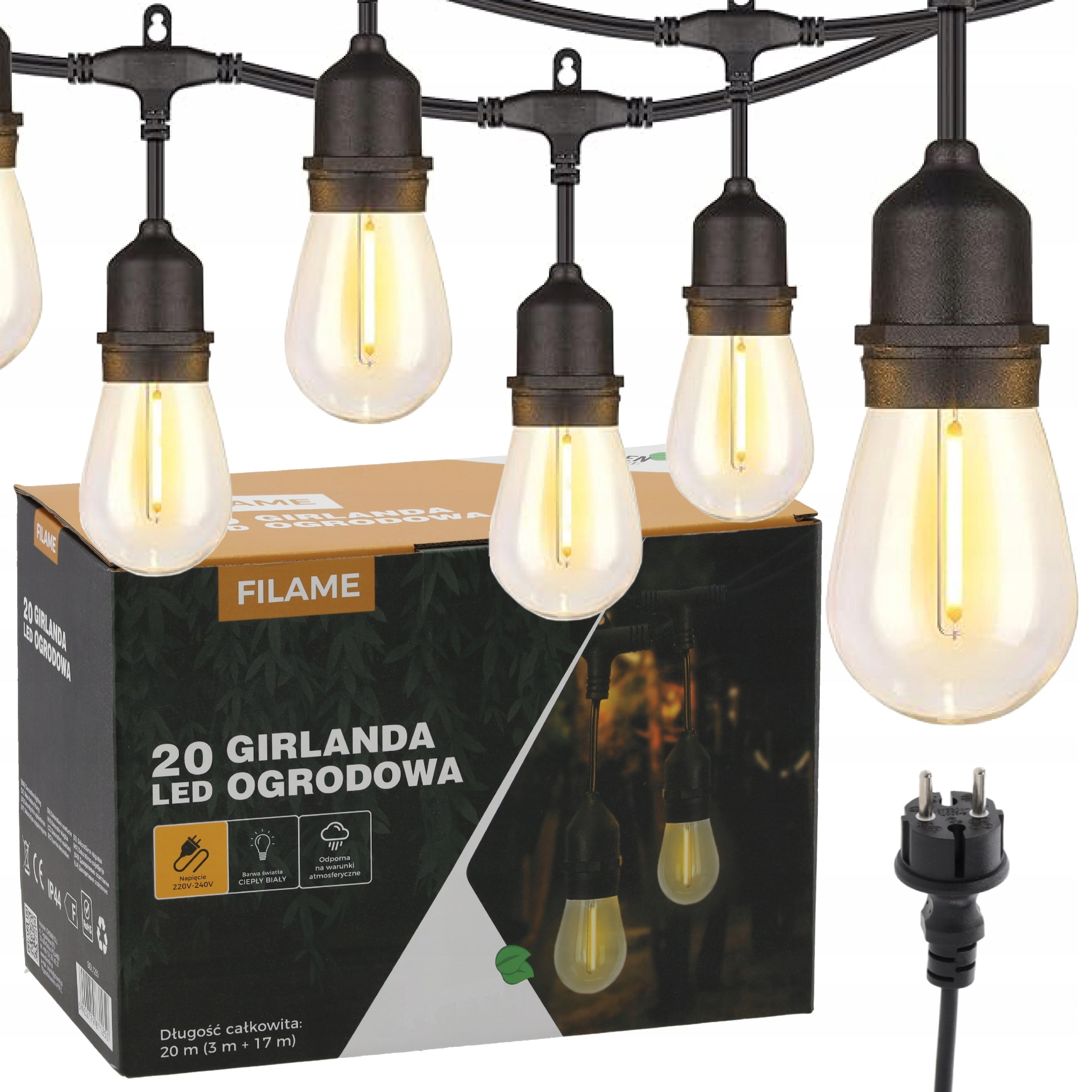 Ghirlanda luminoasa decorativa pentru exterior, alimentare la priza, 20 metri, 20 becuri LED cu iluminare calda 3000K, IP 44