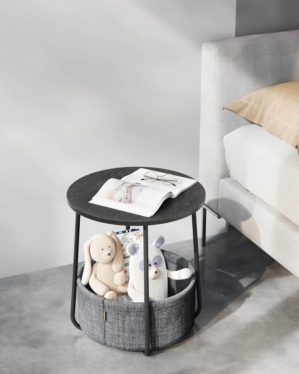 VASAGLE Masuta de cafea rotunda cu cos de stofa, stil modern, 45x50cm, negru-gri