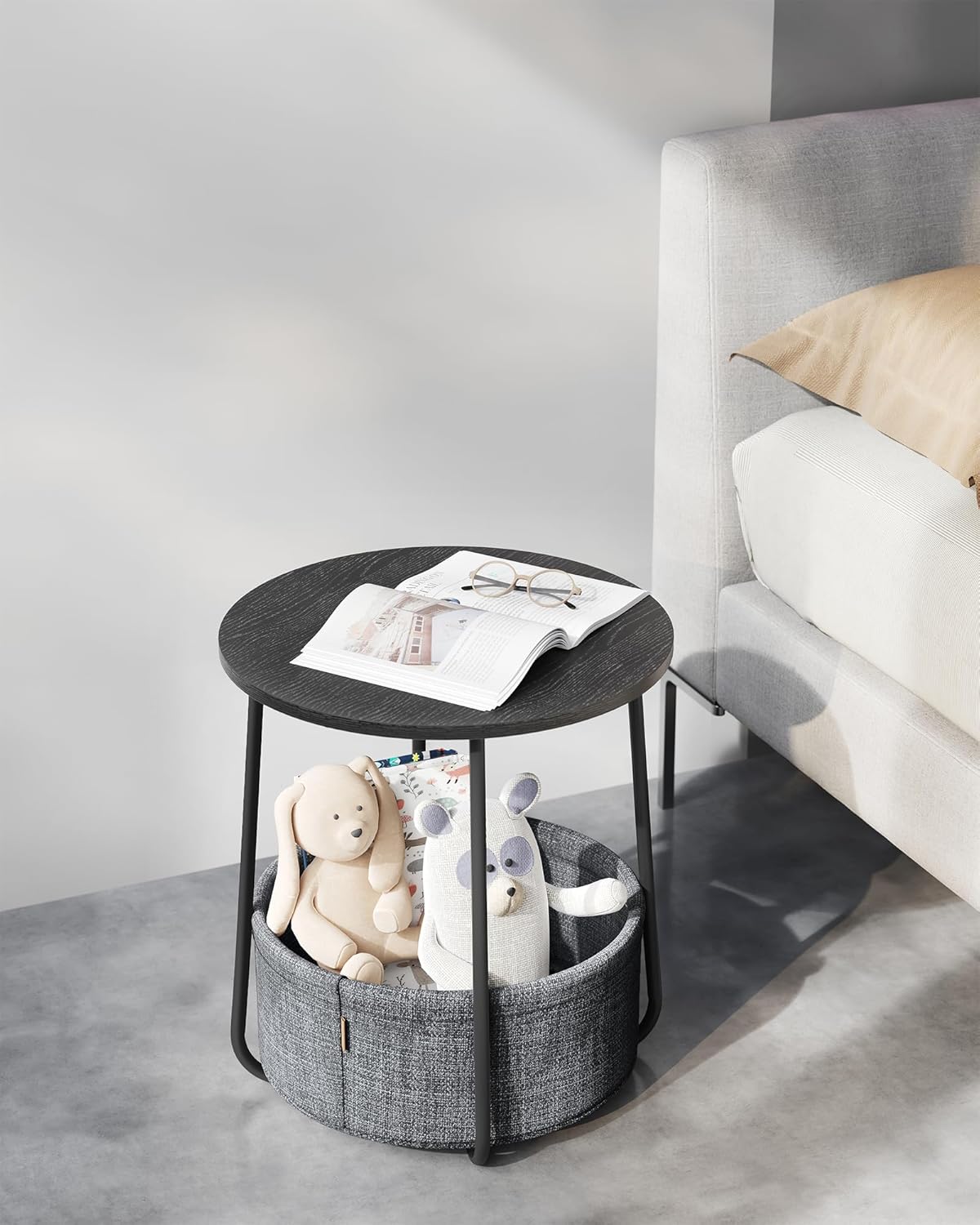 VASAGLE Masuta de cafea rotunda cu cos de stofa, stil modern, 45x50cm, negru-gri