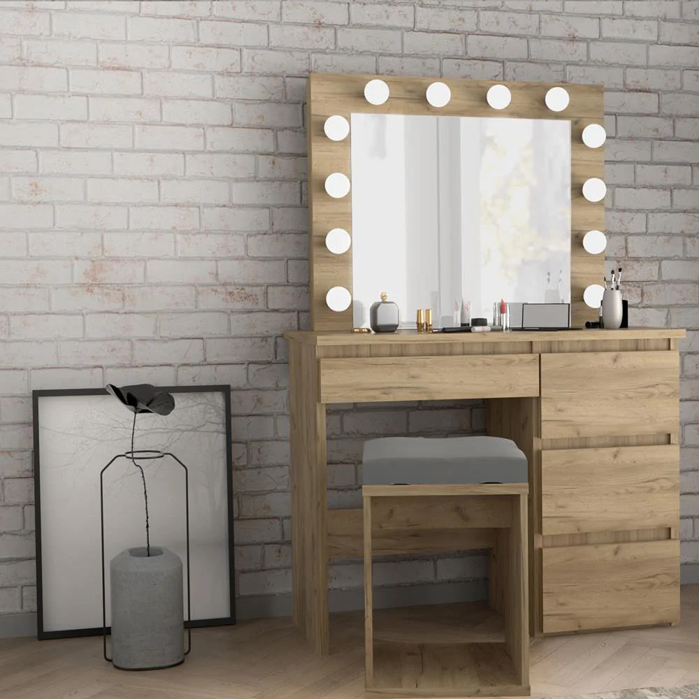 Masa de toaleta si machiaj Hollywood cu oglinda LED si 4 sertare, 94x43x140 cm, craft