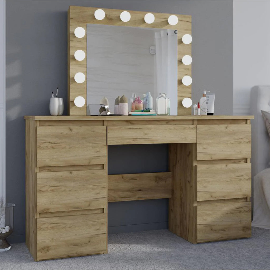 Masa de toaleta si machiaj cu oglinda LED si 7 sertare, 120x43x140 cm, craft
