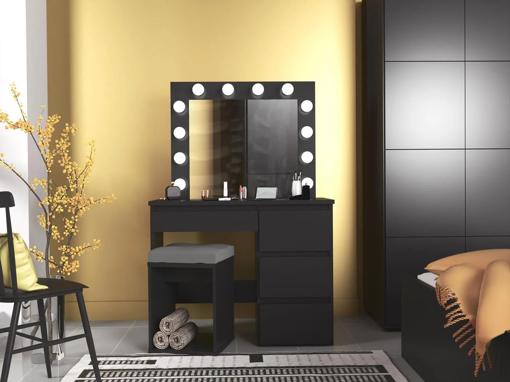 Masa de toaleta si machiaj Hollywood cu oglinda LED si 4 sertare, 94x43x140 cm, negru