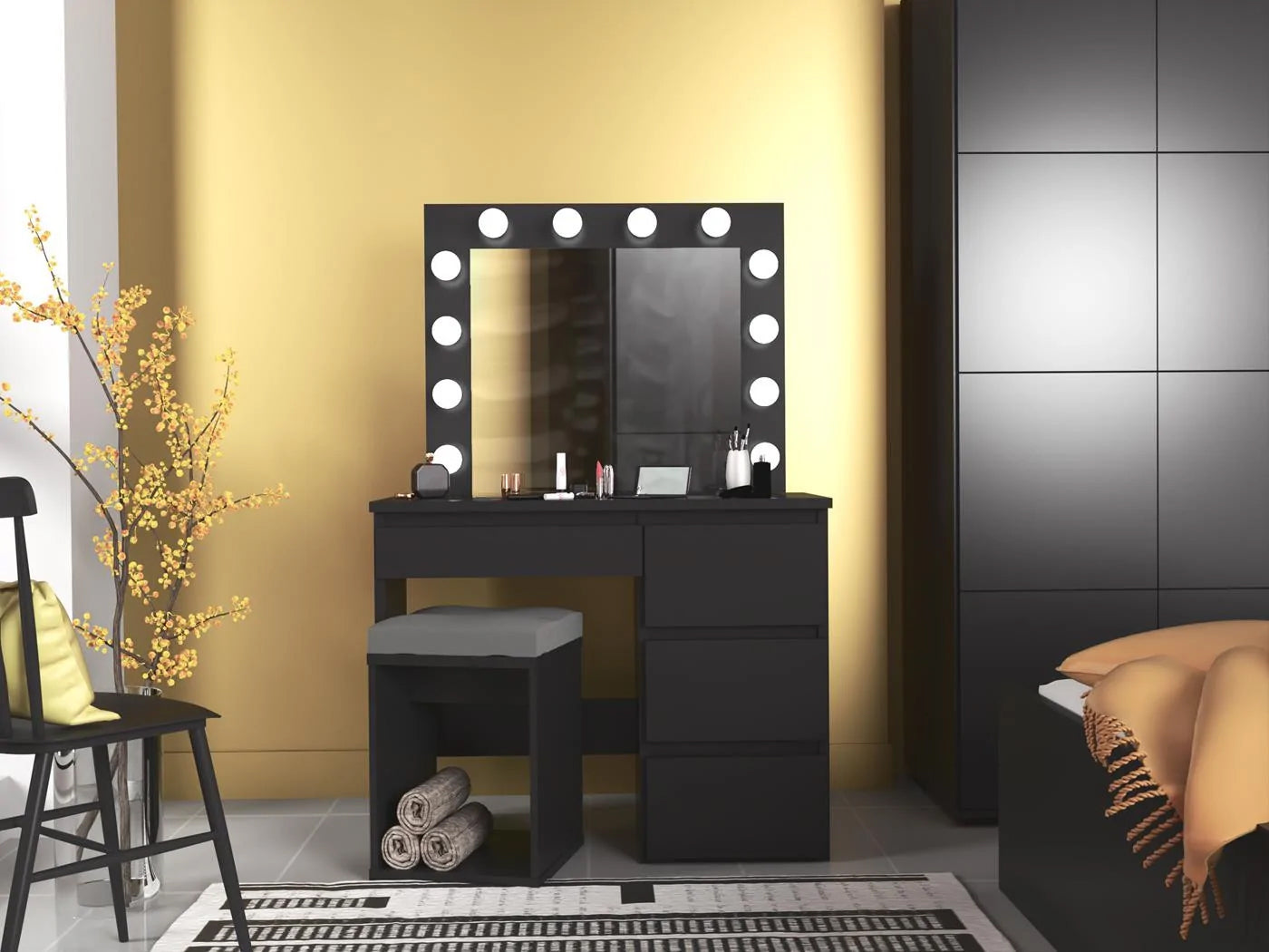 Masa de toaleta si machiaj Hollywood cu oglinda LED si 4 sertare, 94x43x140 cm, negru