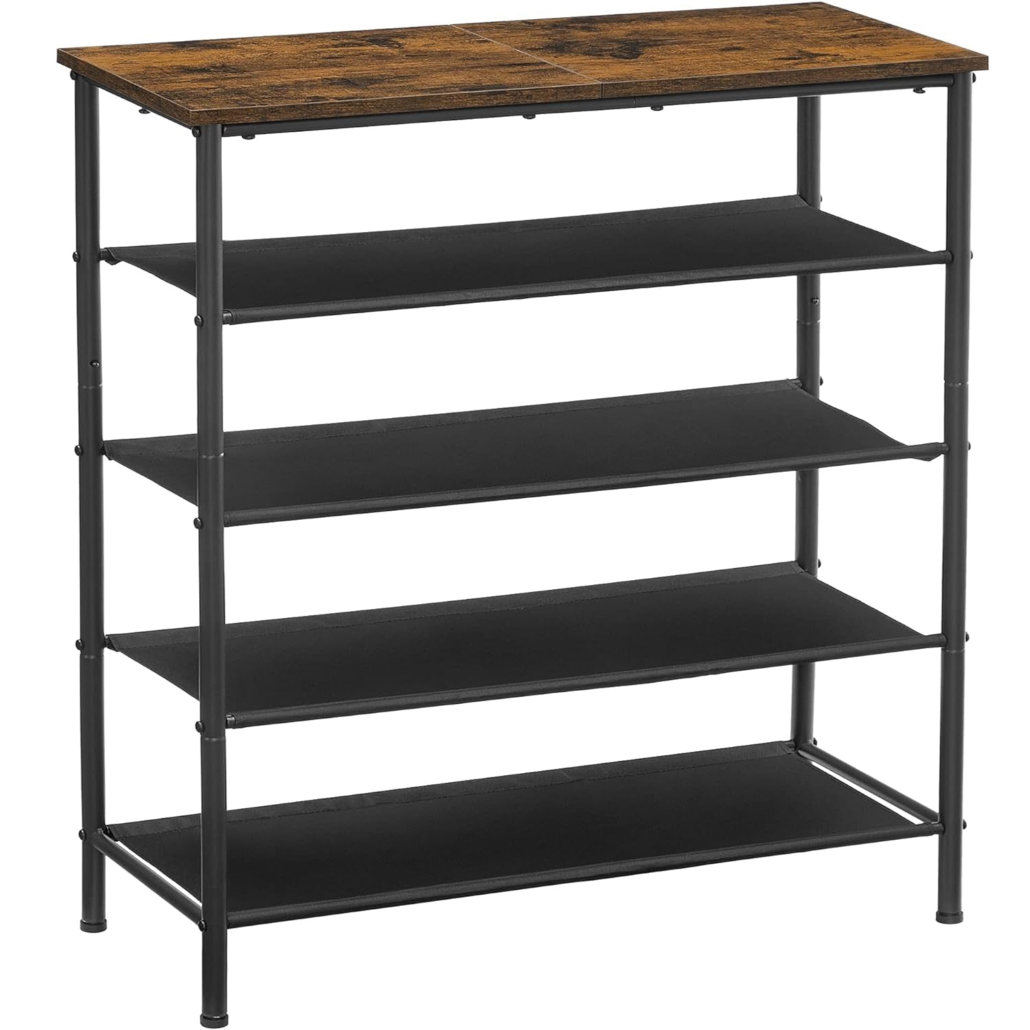 VASAGLE Suport pantofi 75x30x91 cm, 5 niveluri, rafturi textile si blat PAL, cadru metalic, maro rustic si negru