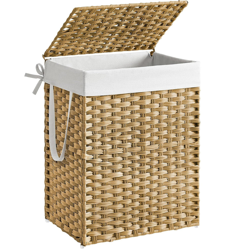 SONGMICS Cos rufe cu capac, ratan sintetic si sac detasabil, 90 L, 46x33x60 cm, natur