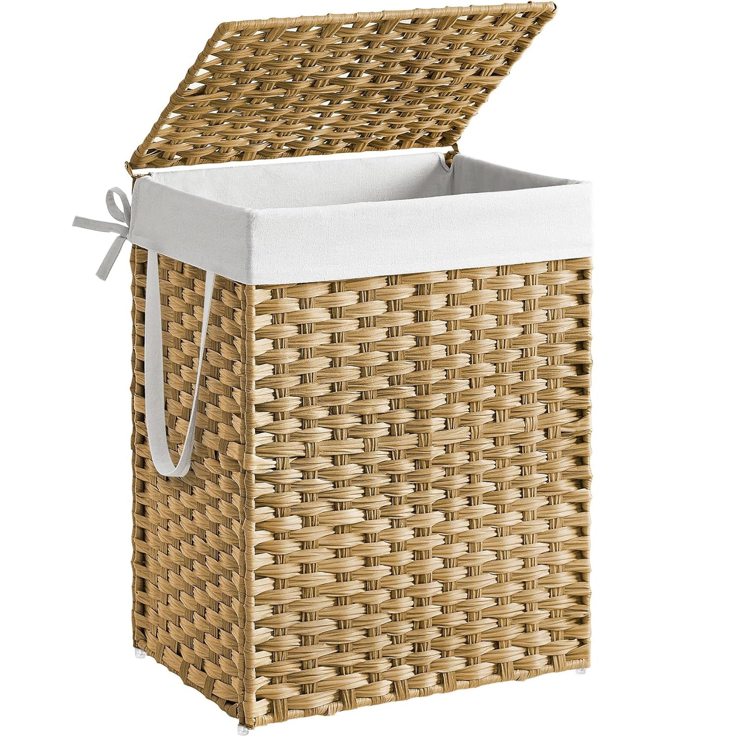 SONGMICS Cos rufe cu capac, ratan sintetic si sac detasabil, 90 L, 46x33x60 cm, natur