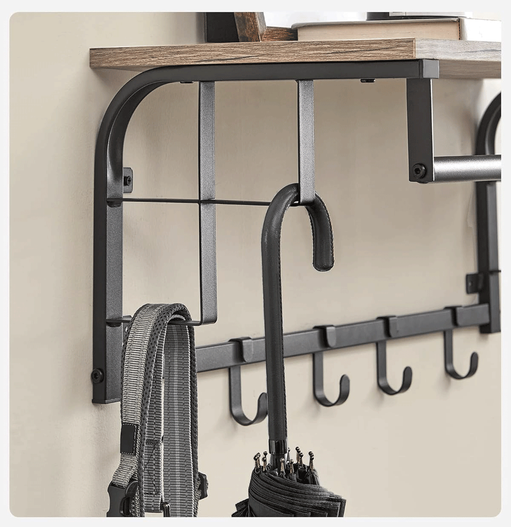 VASAGLE Cuier perete cu polita, bara si 5 carlige, 66x27x30 cm, gri