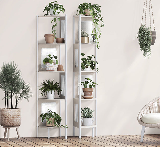 VASAGLE Raft de colt boho, cadru metalic, polite MDF si panouri poliratan, 32x32x156cm, alb