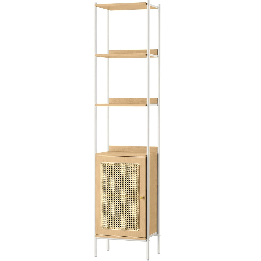 VASAGLE Biblioteca cu 6 etaje, cadru metalic, usa cu efect ratan Boho, 30x40x175 cm, alb si bej