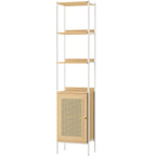 VASAGLE Biblioteca cu 6 etaje, cadru metalic, usa cu efect ratan Boho, 30x40x175 cm, alb si bej