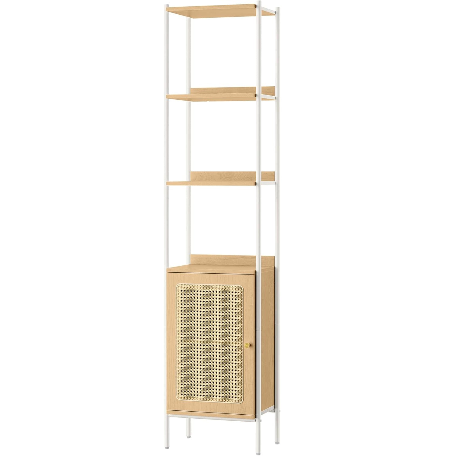 VASAGLE Biblioteca cu 6 etaje, cadru metalic, usa cu efect ratan Boho, 30x40x175 cm, alb si bej