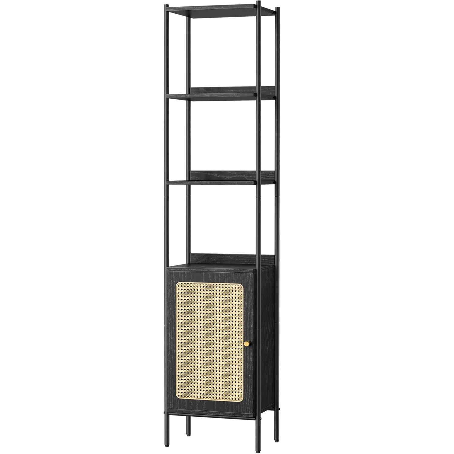 VASAGLE Biblioteca cu 6 etaje, cadru metalic, usa cu efect ratan Boho, 30x40x175 cm, negru