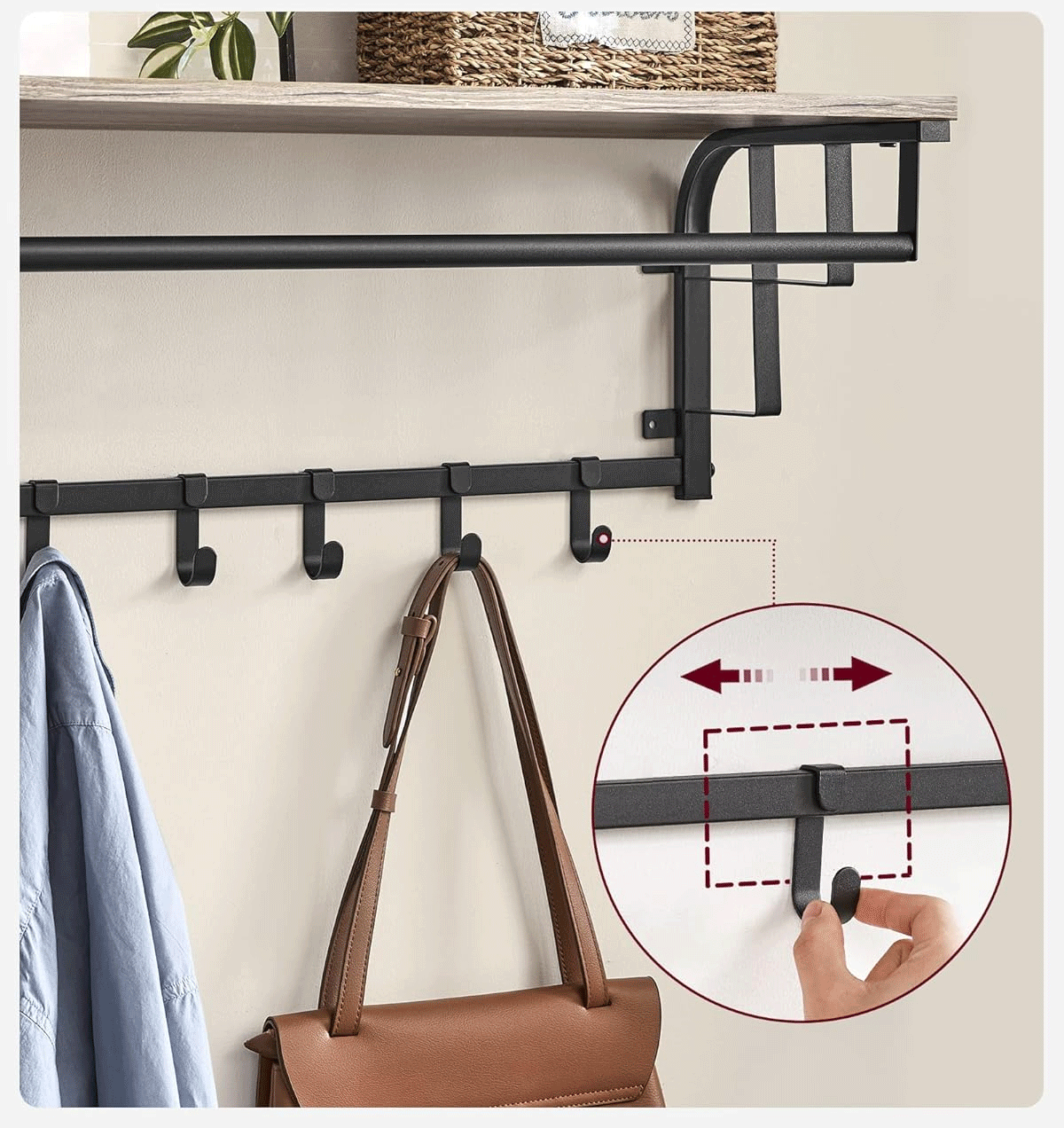 VASAGLE Cuier perete cu polita, bara si 5 carlige, 66x27x30 cm, gri