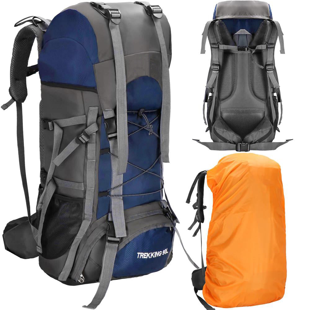 Rucsac tactic militar pentru drumetie, cu husa de ploaie, 90 litri, 25 kg, 74x32x20 cm, gri albastru