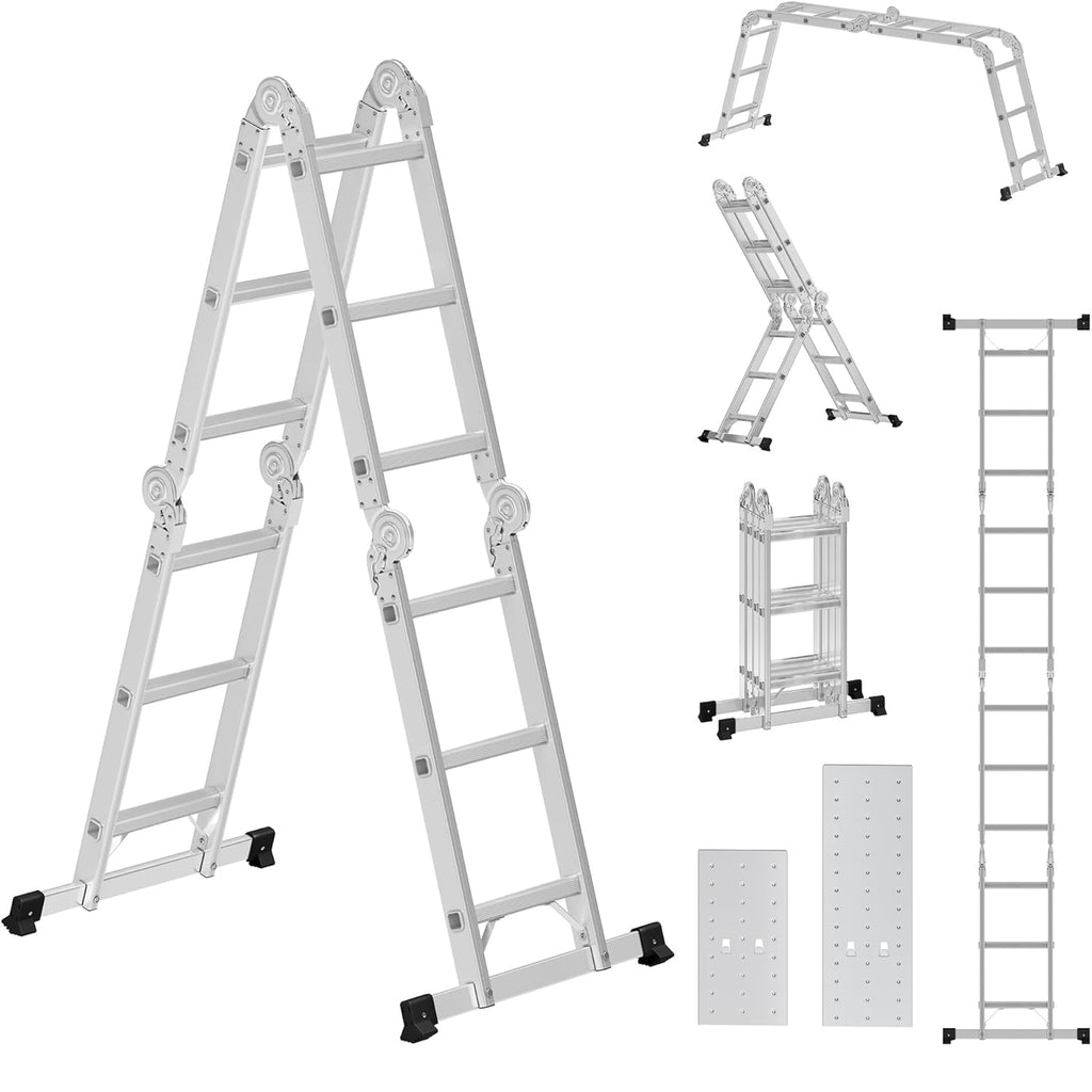 SONGMICS Scara multifunctionala din aluminiu, cu 2 placi tip platforma, 12 trepte, sarcina 150 kg, gri
