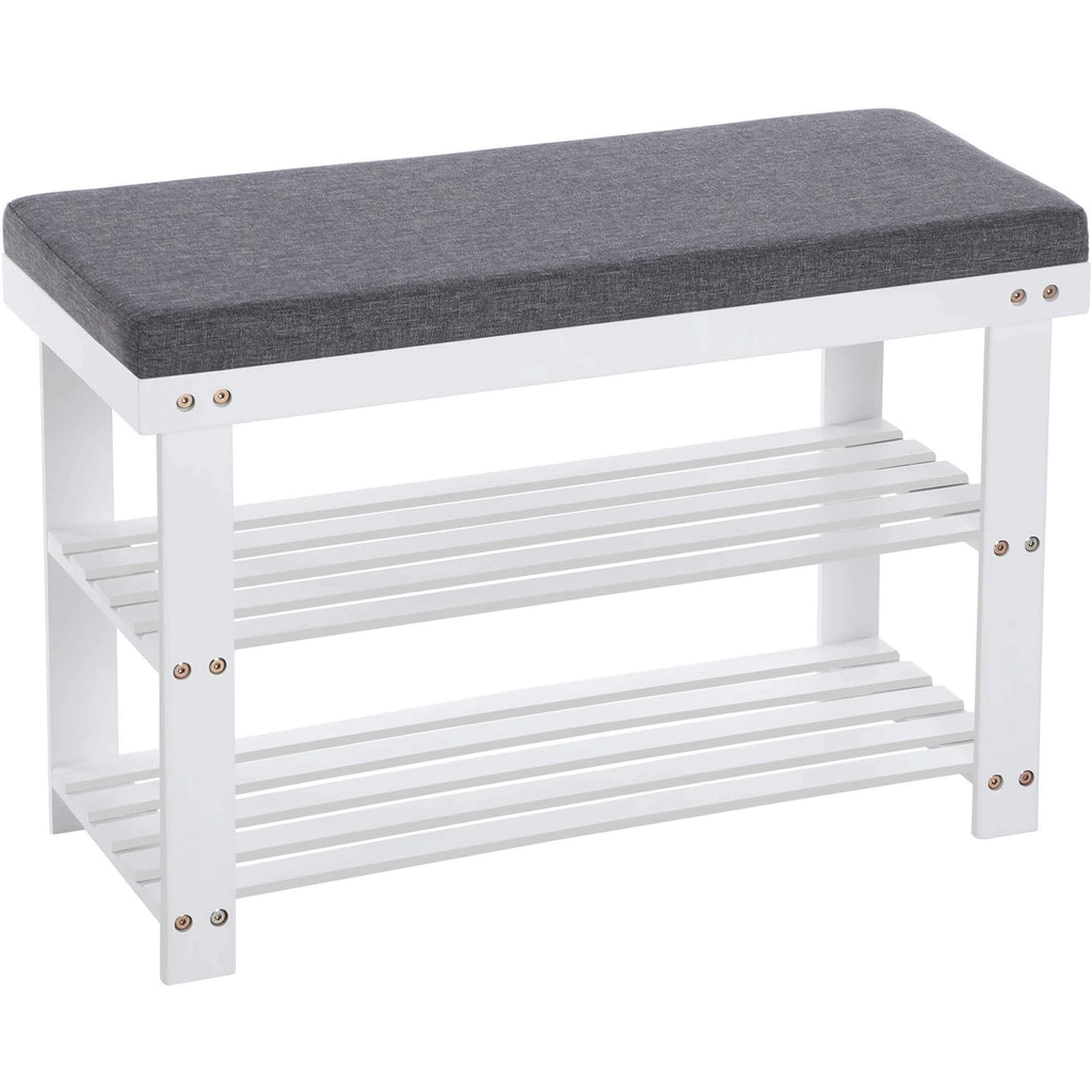 SONGMICS Banca pentru pantofi din bambus, 2 niveluri, cu perna, sarcina 150 kg, 71x29x49 cm, alb si gri