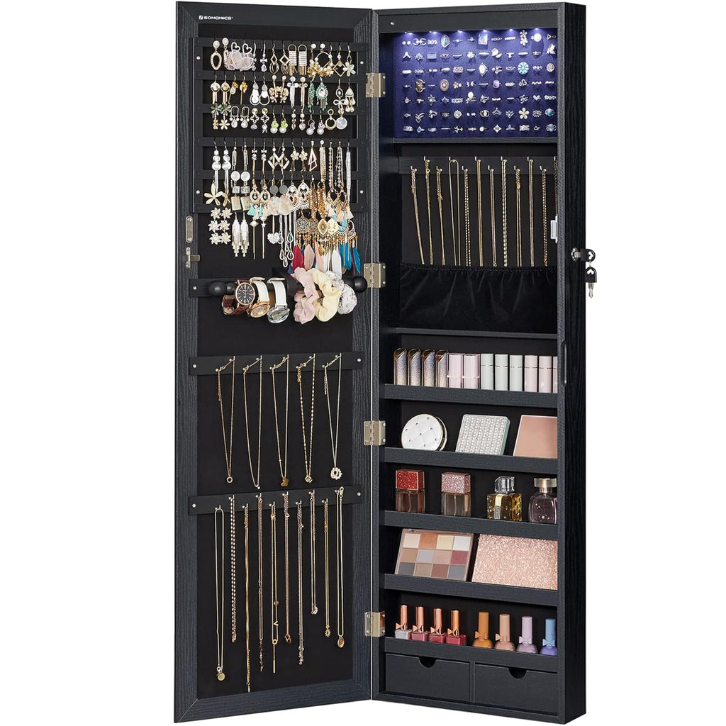 SONGMICS Dulap de bijuterii cu oglinda, din MDF, montare pe perete, 37x10x120 cm, negru