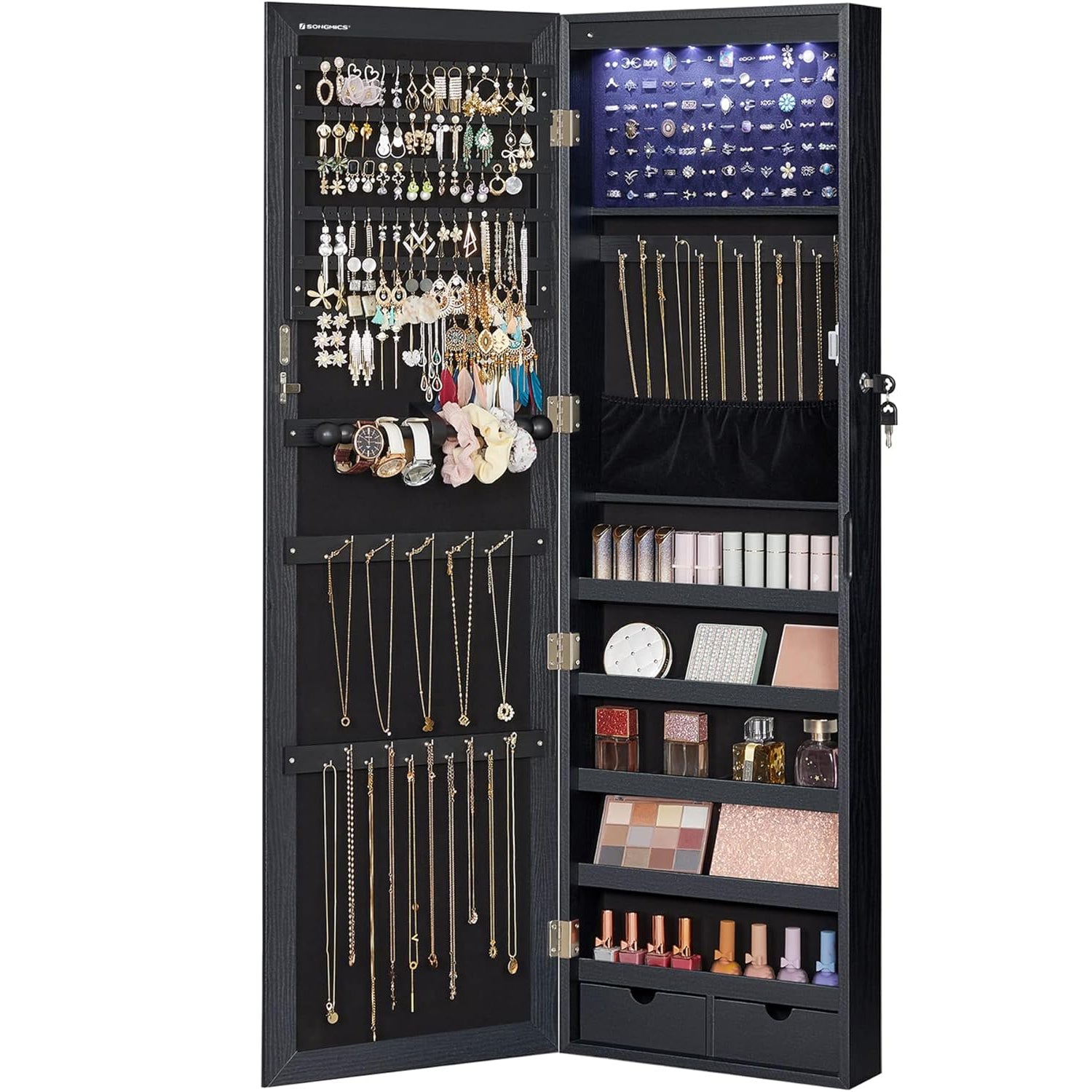 SONGMICS Dulap de bijuterii cu oglinda, din MDF, montare pe perete, 37x10x120 cm, negru