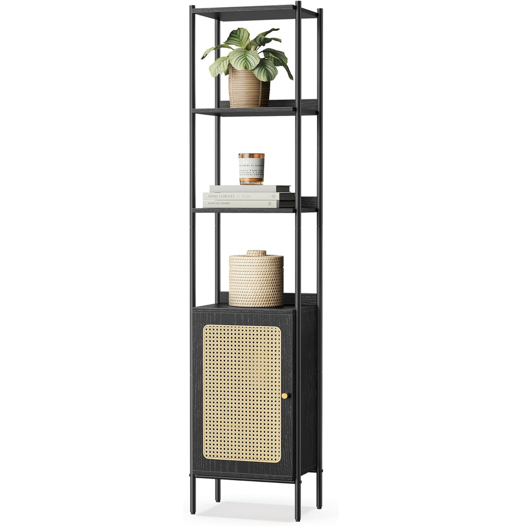 VASAGLE Biblioteca cu 6 etaje, cadru metalic, usa cu efect ratan Boho, 30x40x175 cm, negru