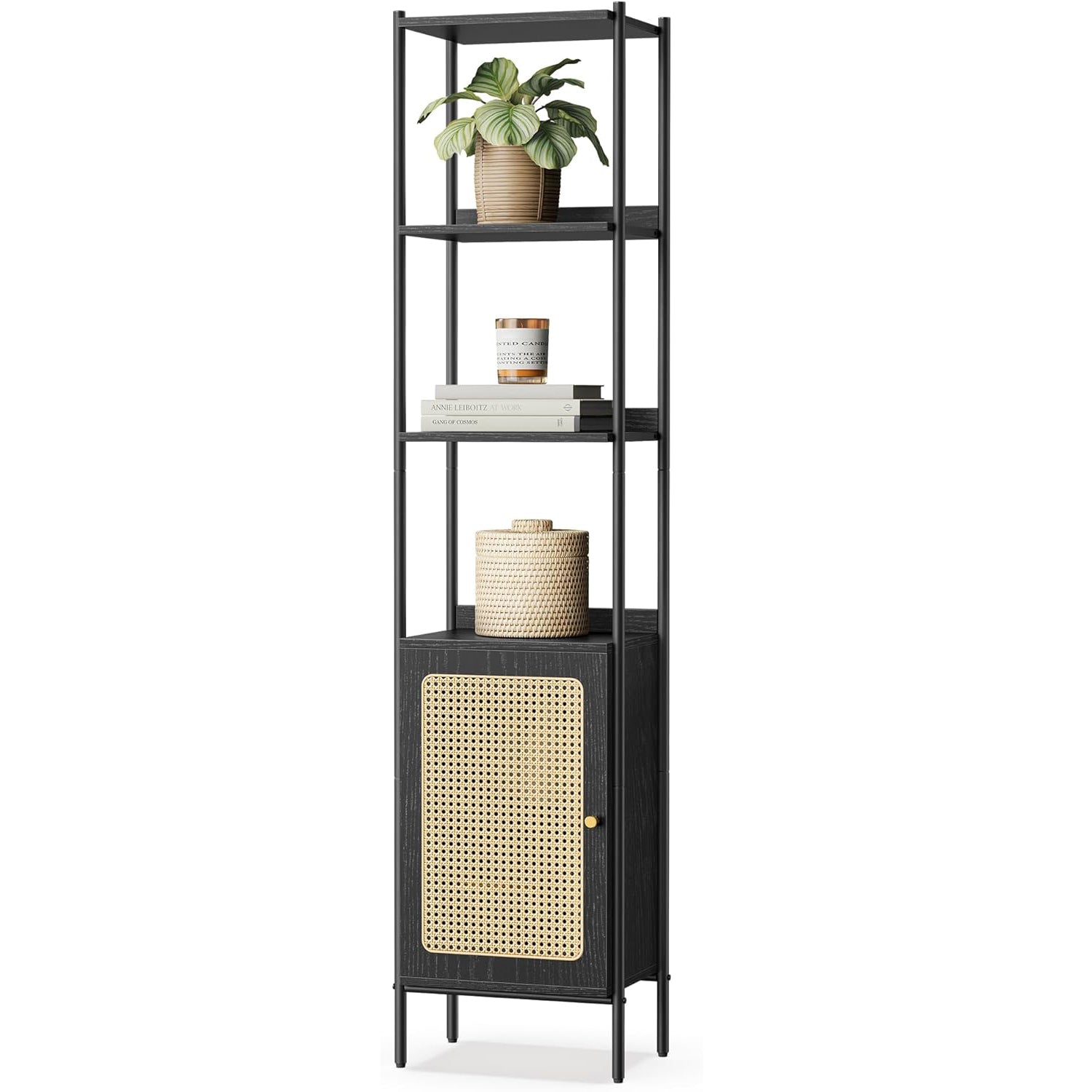 VASAGLE Biblioteca cu 6 etaje, cadru metalic, usa cu efect ratan Boho, 30x40x175 cm, negru