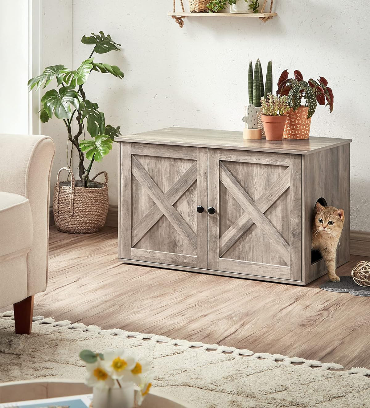 FEANDREA Cusca pentru pisici tip comoda, cu usi si perete despartitor, 80x53x50cm, gri