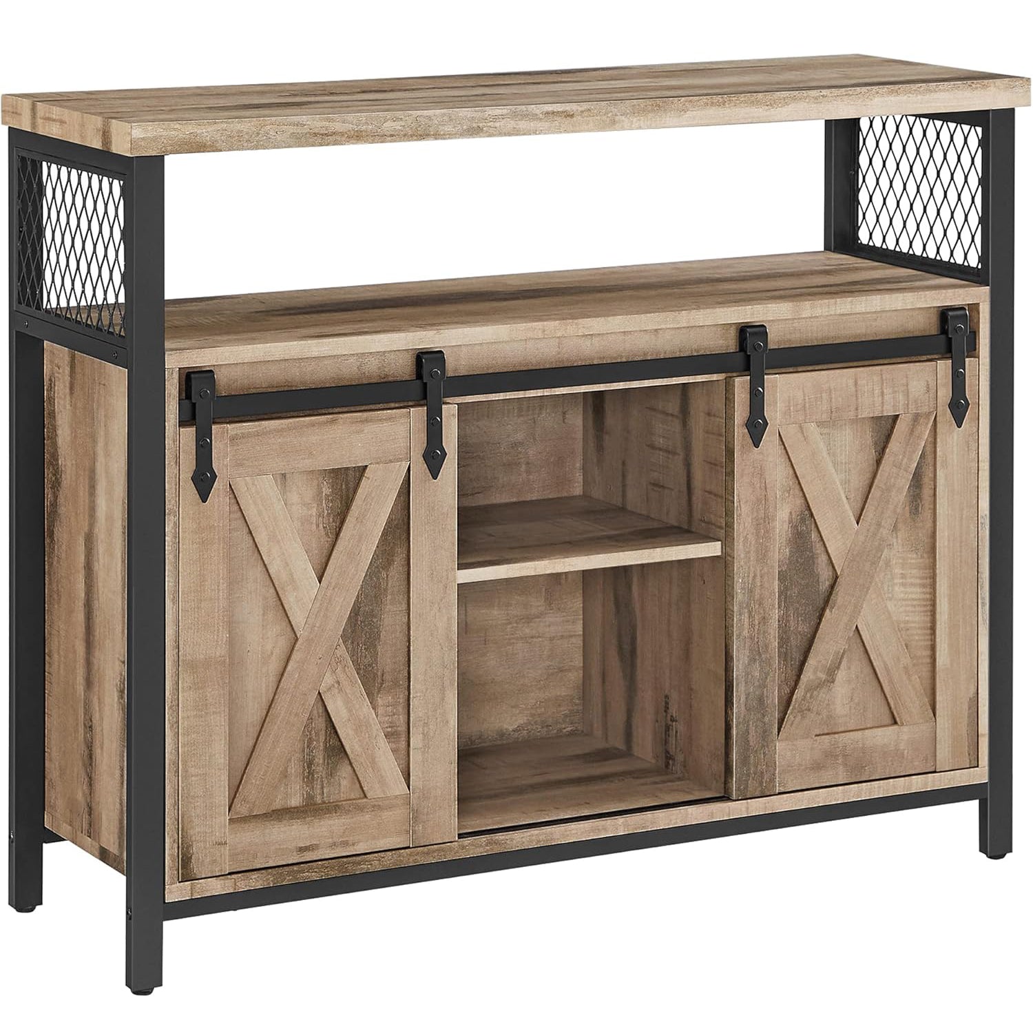 VASAGLE Comoda pentru living sau bucatarie, cu 2 usi glisante, rafturi reglabile, stil rustic, 33x100x80 cm, maro